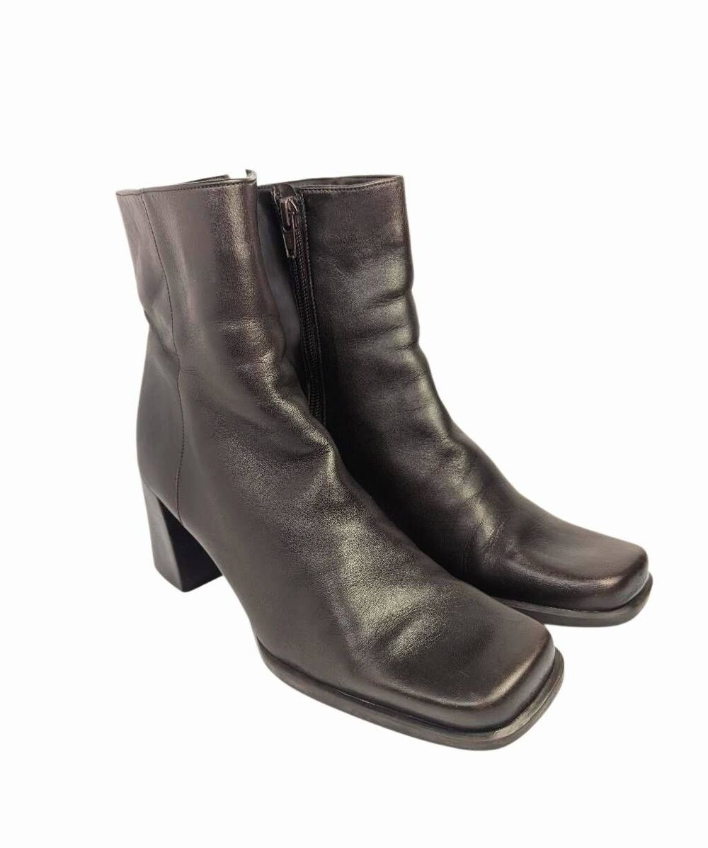 Vintage 90s Nine West Brown leather square toe block heel booties womens 8.5